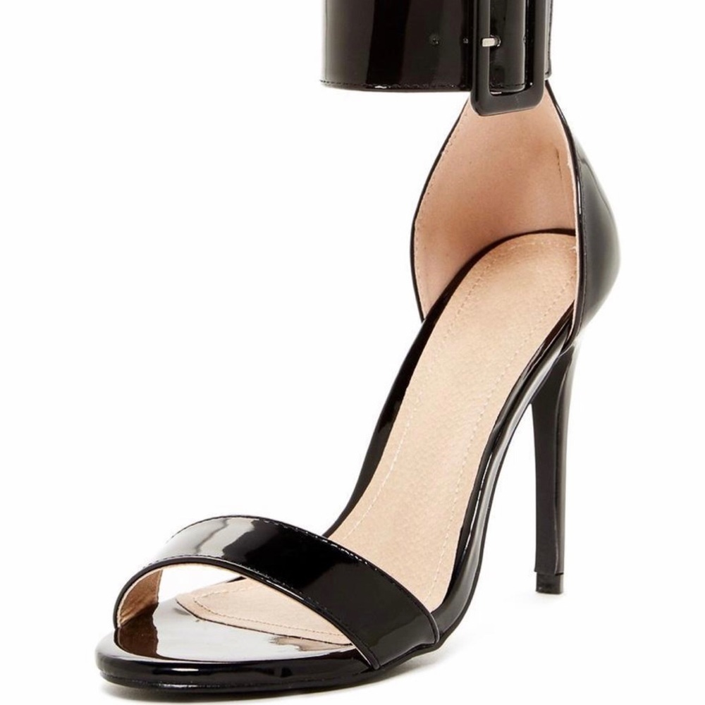 Big buckle ankle single strap patent black chic high heel open toe sandals - Picture 2 of 4